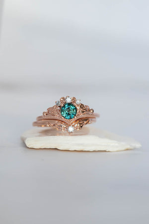 Teal sapphire bridal ring set, rose gold engagement ring with sapphire and diamonds  / Ariadne - Eden Garden Jewelry™