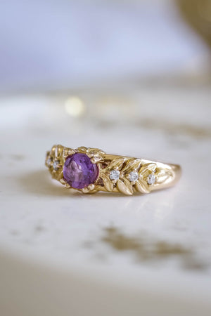 Amethyst leaf engagement ring with diamonds / Silvestra - Eden Garden Jewelry™