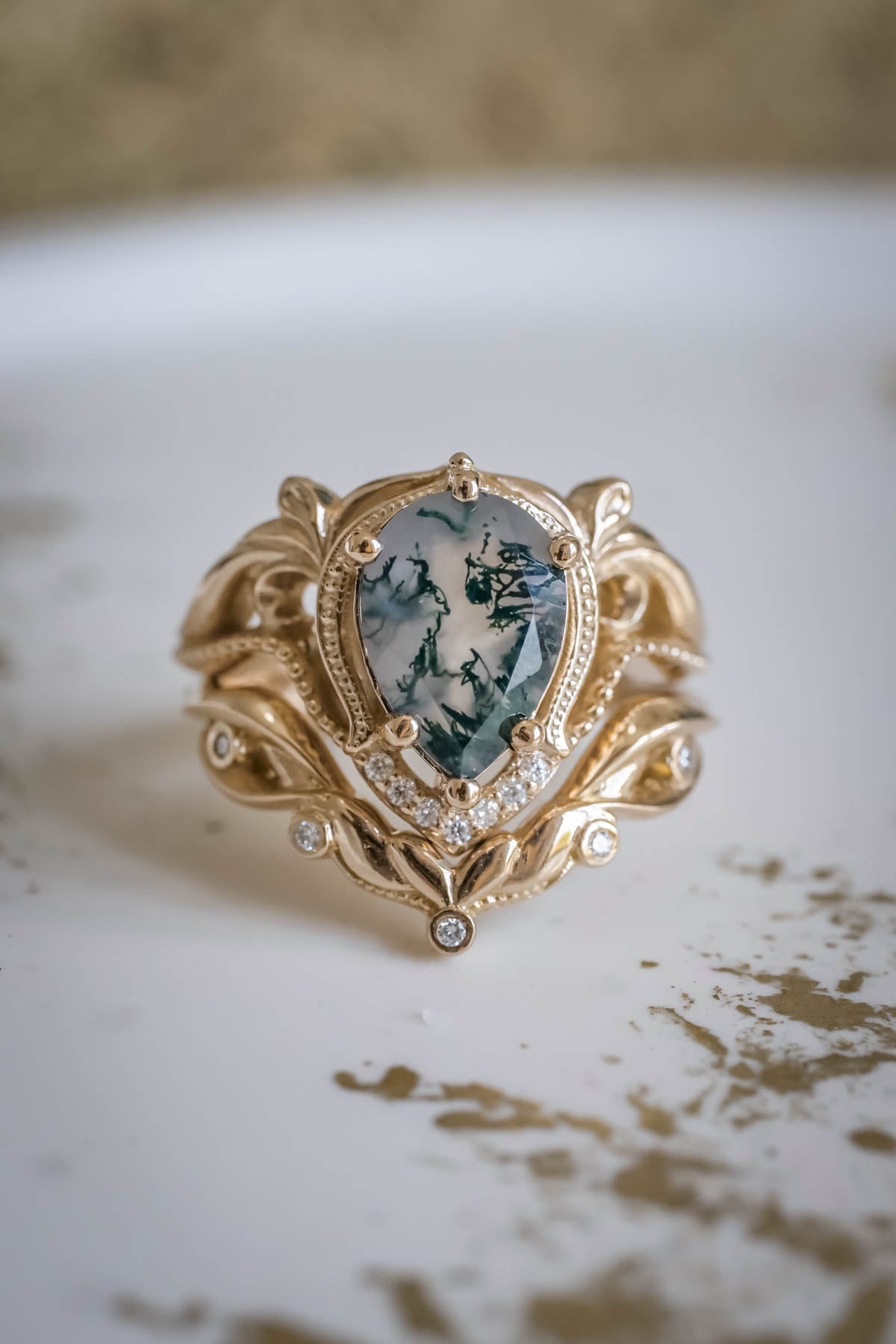 Moss agate engagement and wedding ring set / Lida - Eden Garden Jewelry™